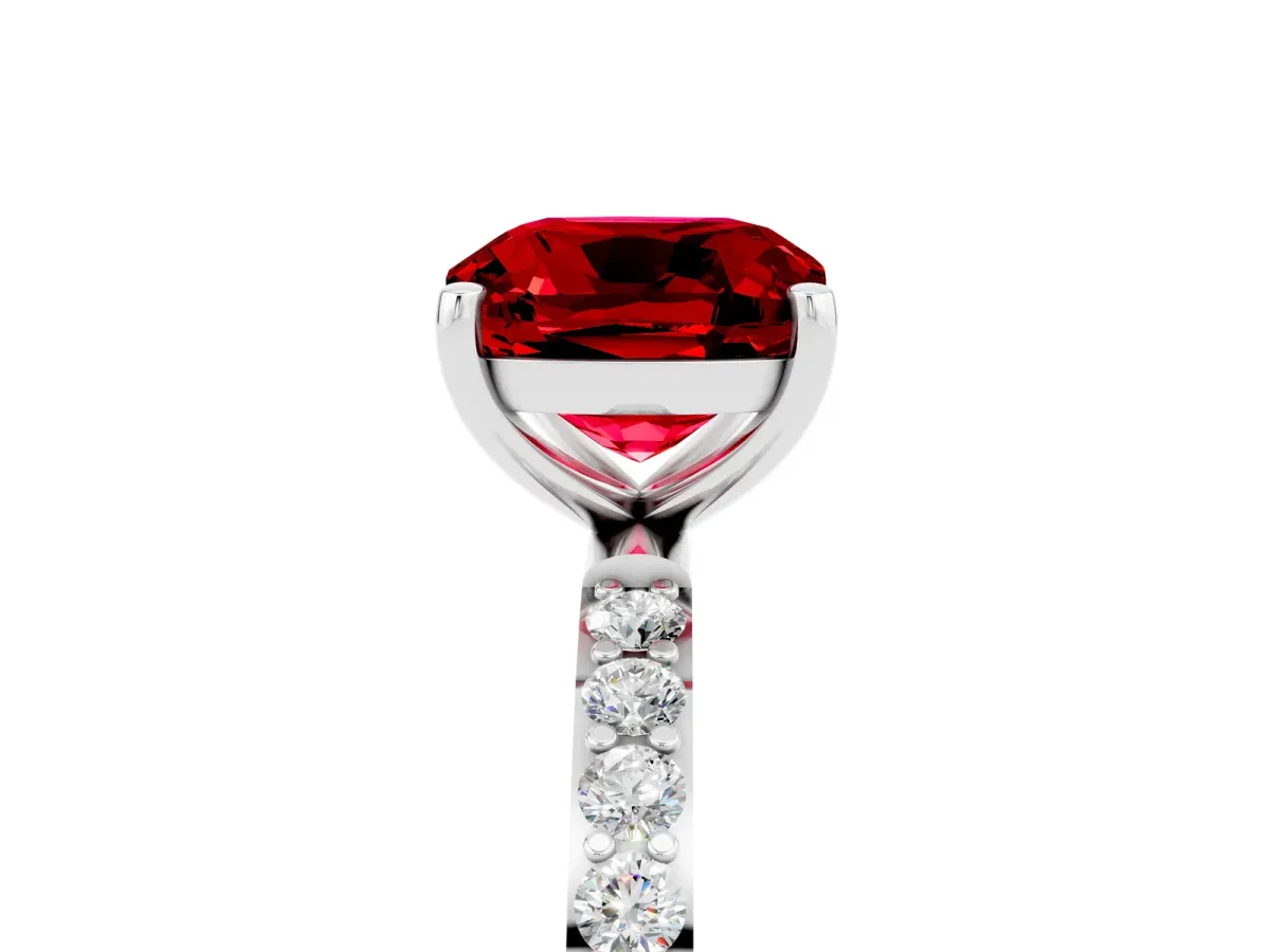 Cushion Cut Ruby Solitaire Ring with Round Pavé Band and Prong Setting Silver