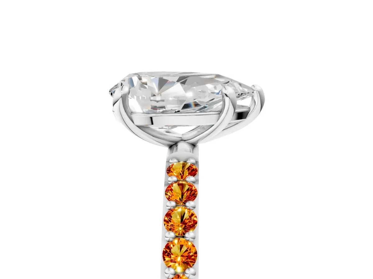 Pear Cut Diamond Solitaire Ring with Round Citrine Pavé Band and Prong Setting Silver