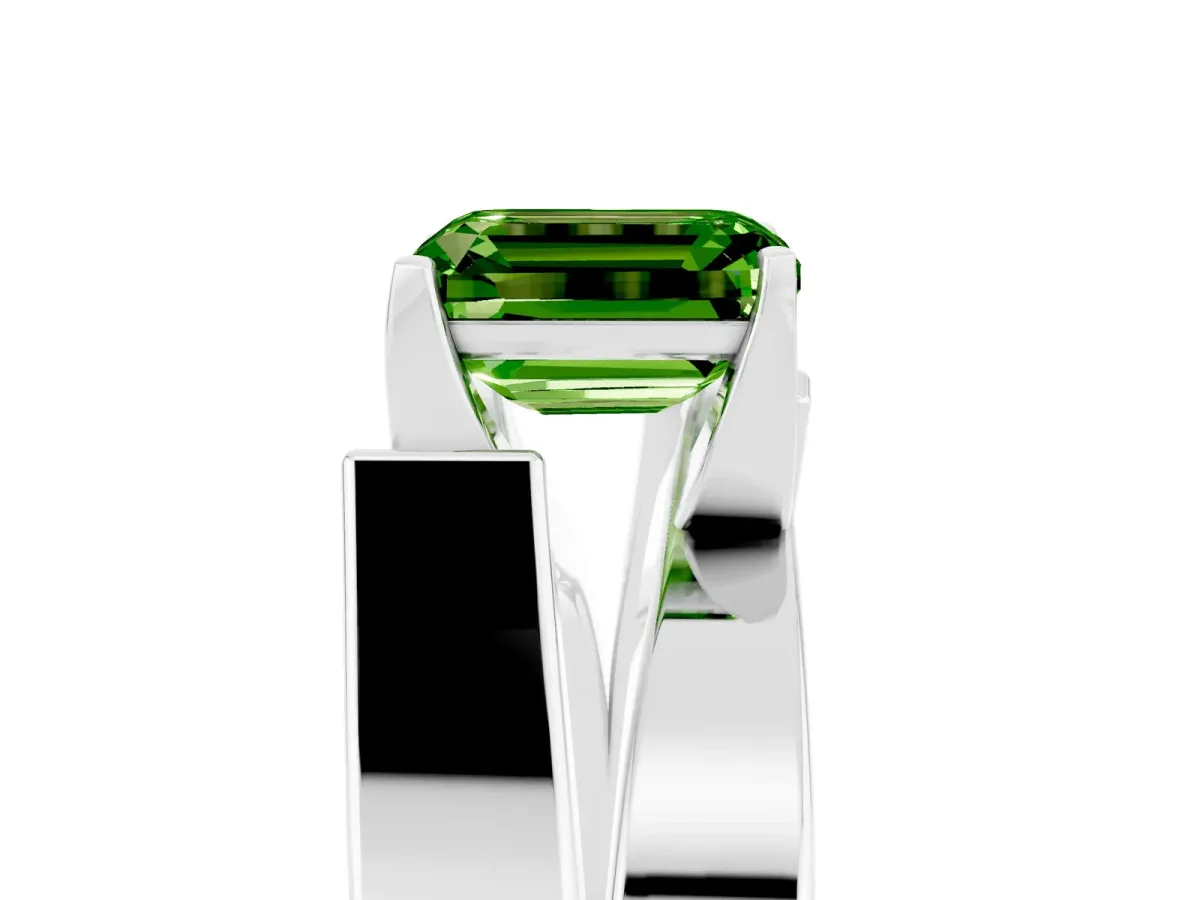 Modern Tension Set Emerald Cut Peridot Solitaire Wide Band Ring Silver