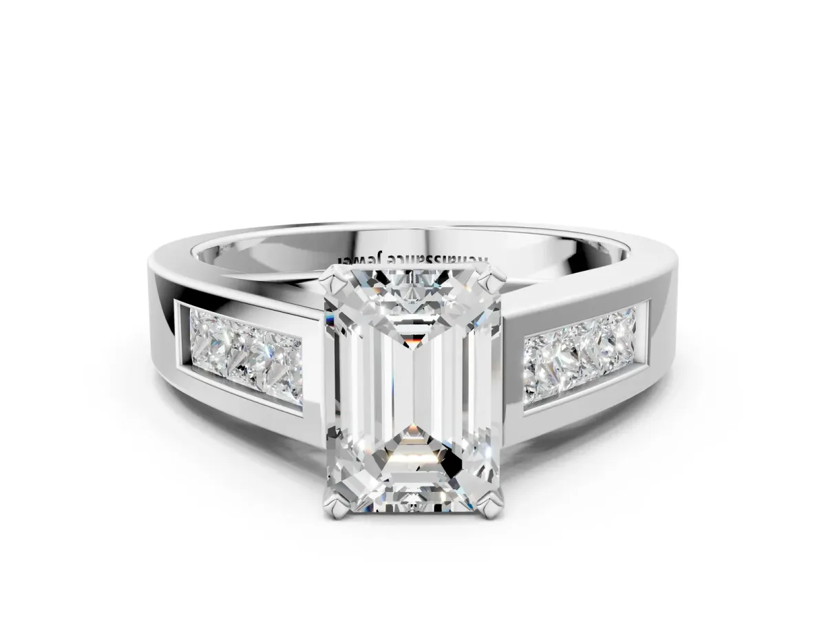 Emerald Cut Cut Channel Set Solitaire Ring with Four-Prong Setting White gold