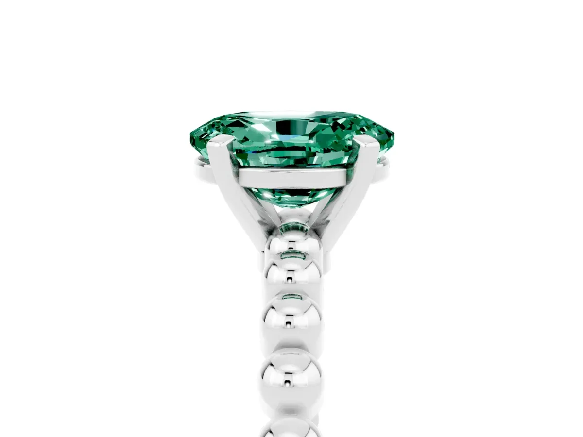 Oval Cut Green Sapphire Solitaire Ring with Beaded Band and Prong Setting Platinum
