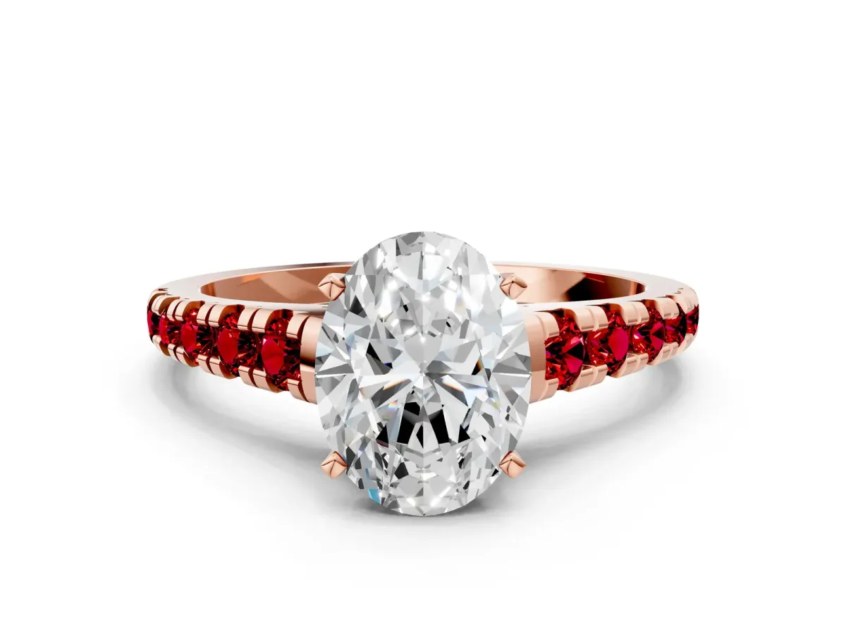 Oval Cut Diamond Cathedral Solitaire Ring with Round Ruby Pavé Band Rose gold
