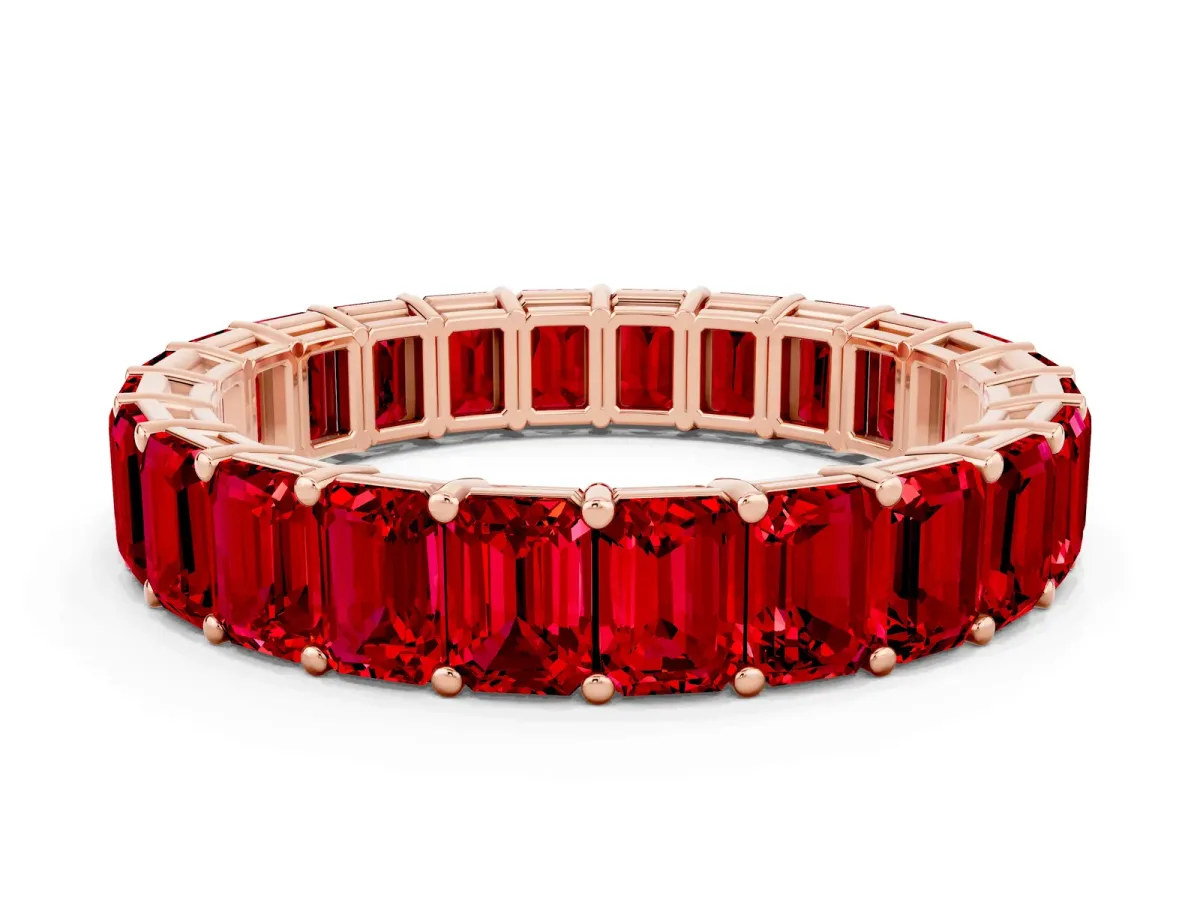 Emerald Cut Ruby Eternity Band with Shared Prong Setting Rose gold