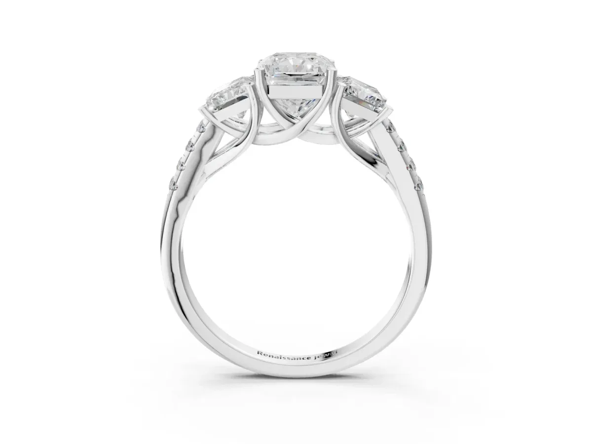 Three-Stone Radiant Cut Diamond Ring with Round Pavé Band and Prong Setting Silver