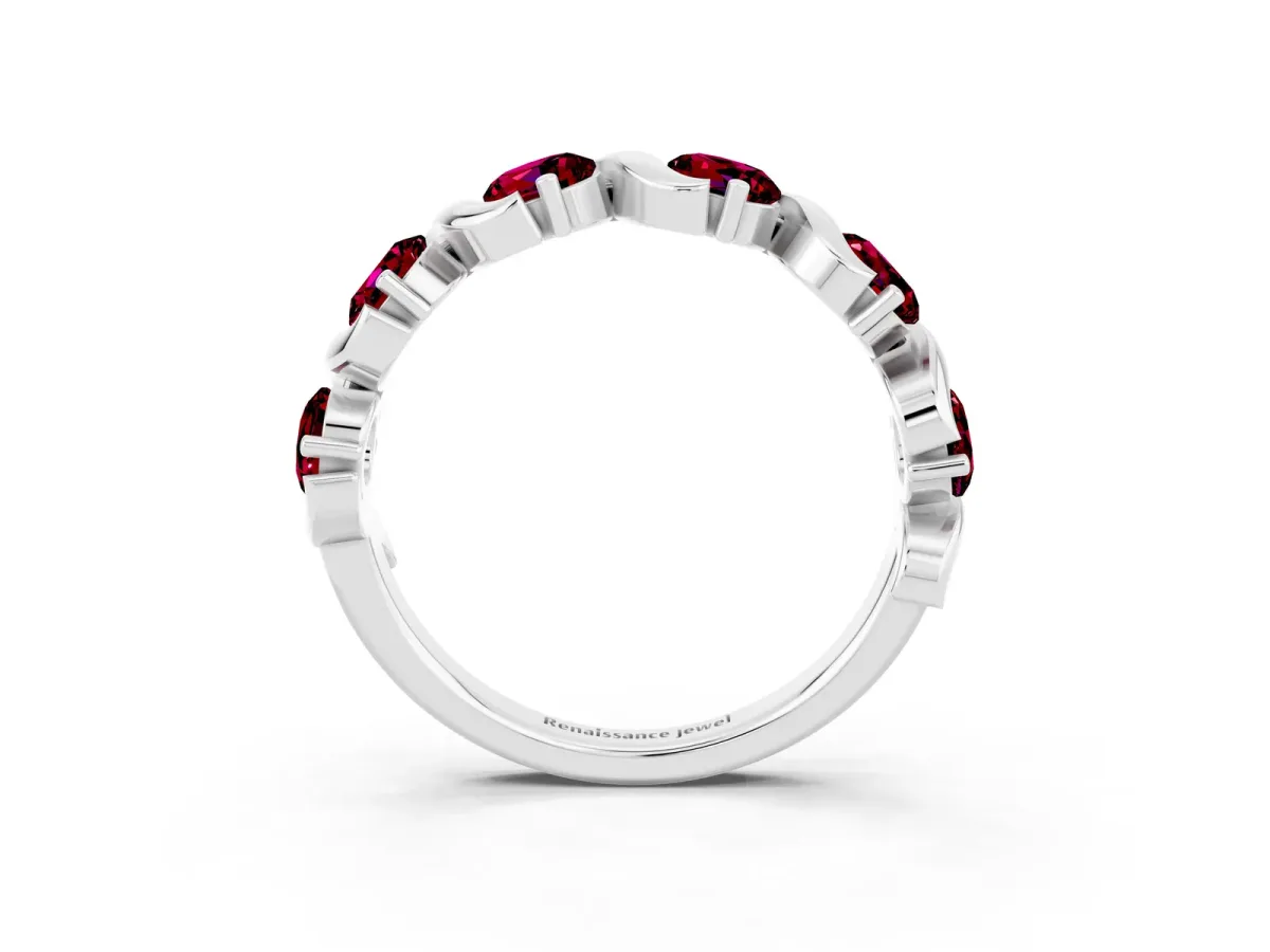 Round Garnet Half Eternity Band with Wave Prong Setting White gold