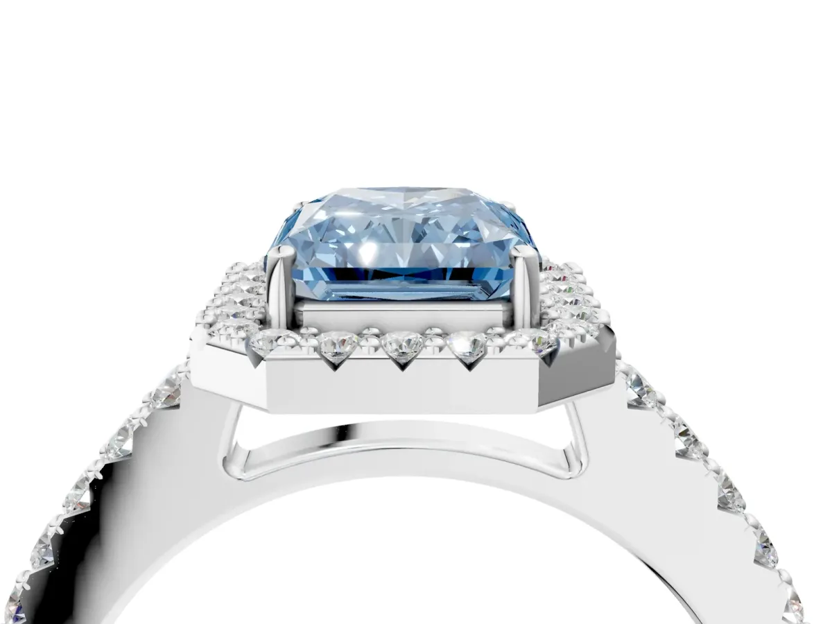 Fancy Blue Radiant Cut Halo Diamond Pavé Solitaire Ring Silver