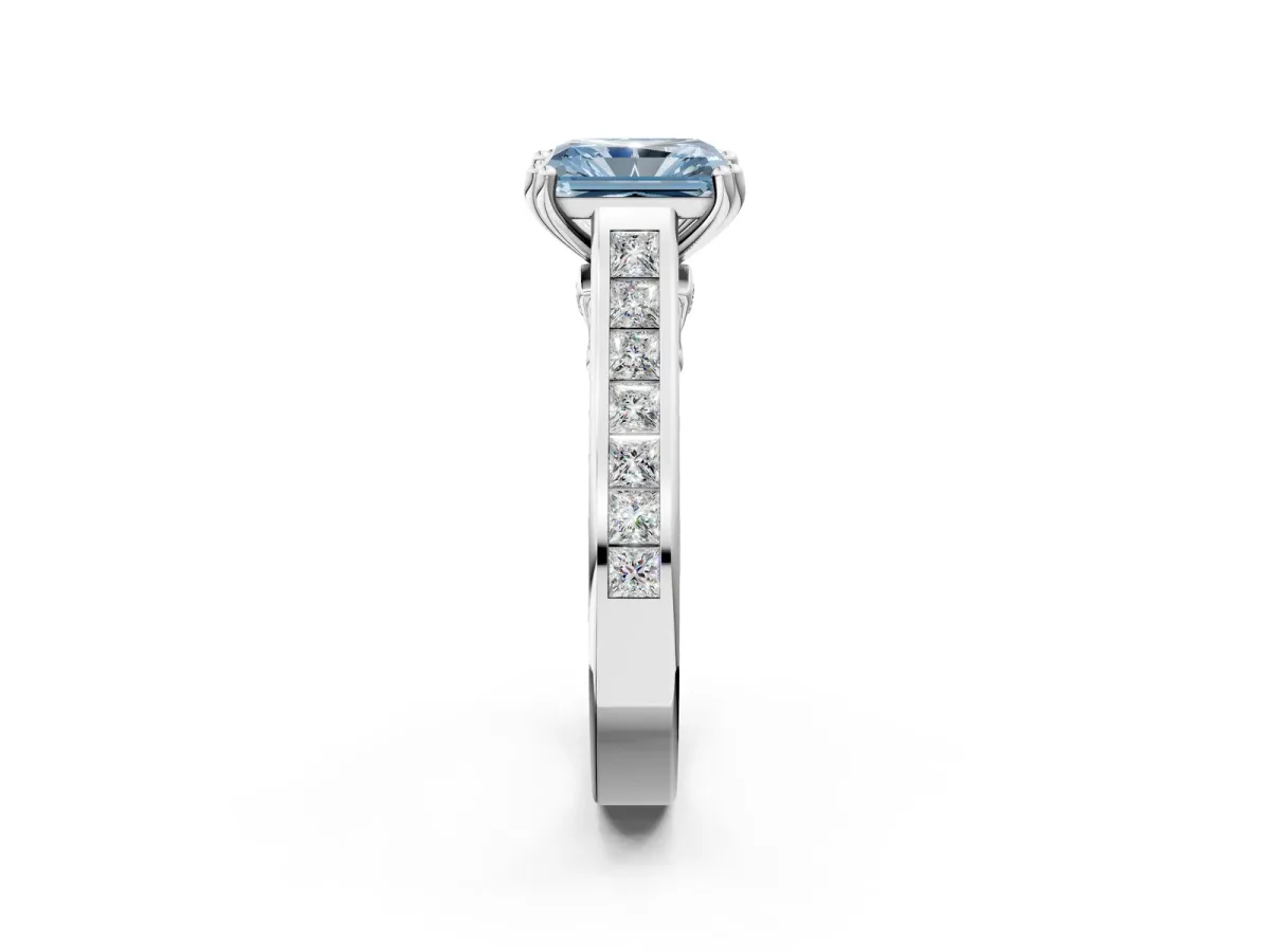 Fancy Blue Radiant Cut Cut Channel Set Solitaire Engagement Ring with Prong Setting Platinum