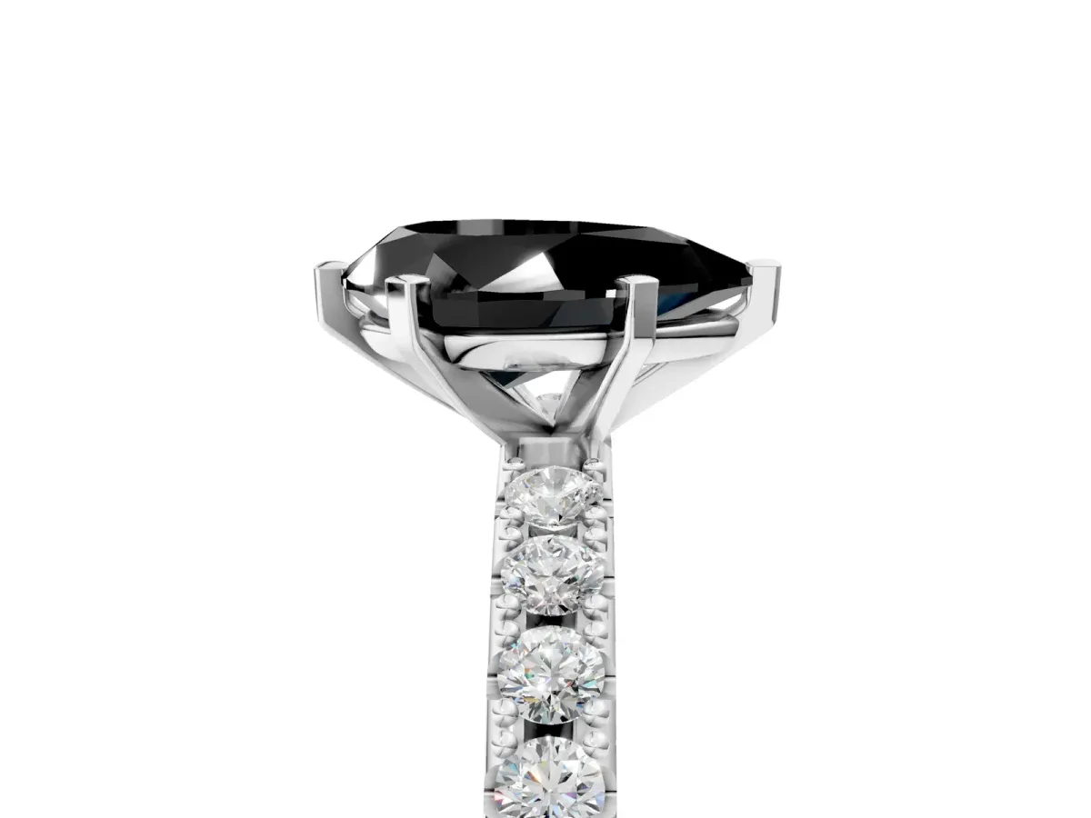 Fancy Black Pear Cut Diamond Solitaire Pavé Band with Four-Prong Setting Silver