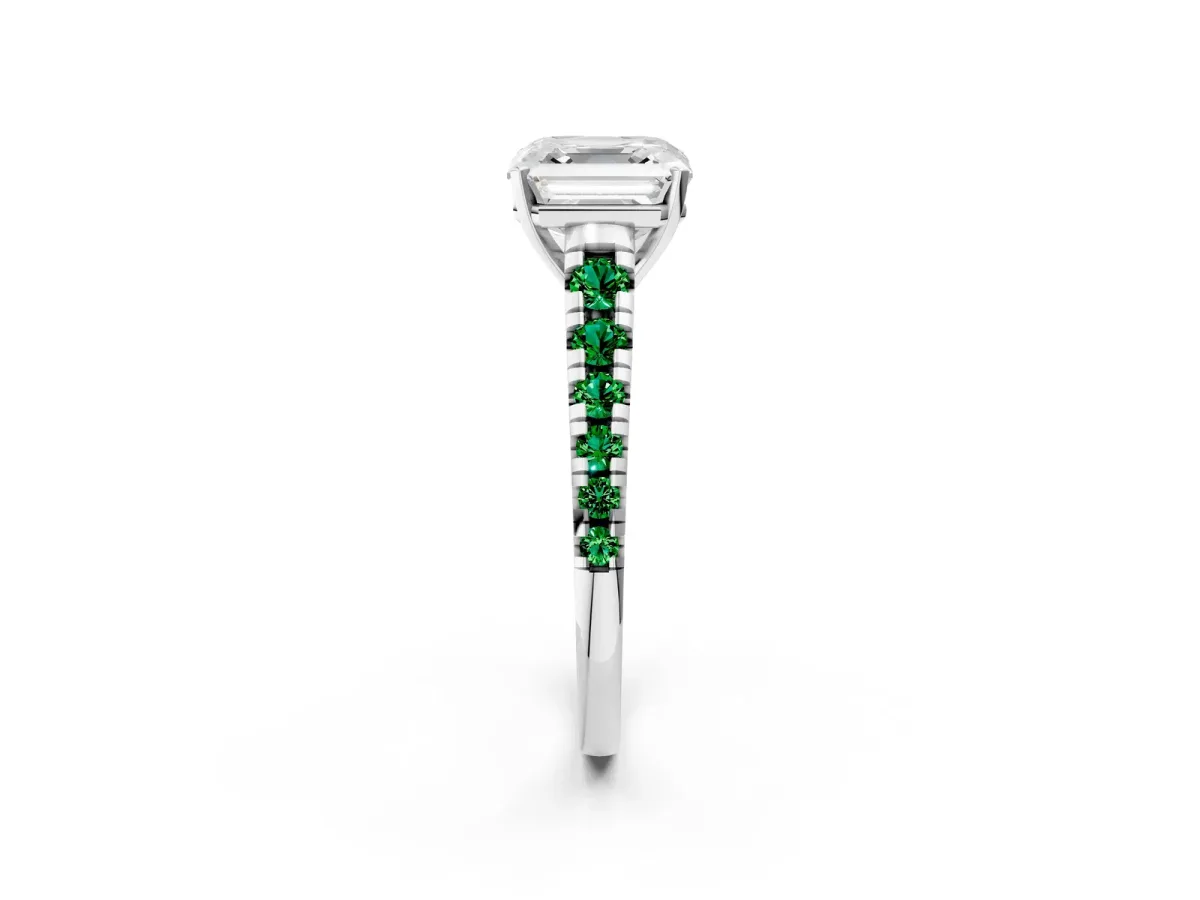 Asscher Cut Diamond Cathedral Solitaire Ring with Round Emerald Pavé Band Platinum