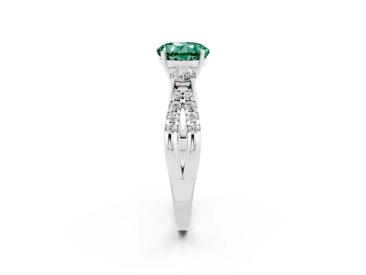 Round Cut Green Sapphire Three-Stone Ring with Pavé Split Shank and Four-Prong Setting Silver
