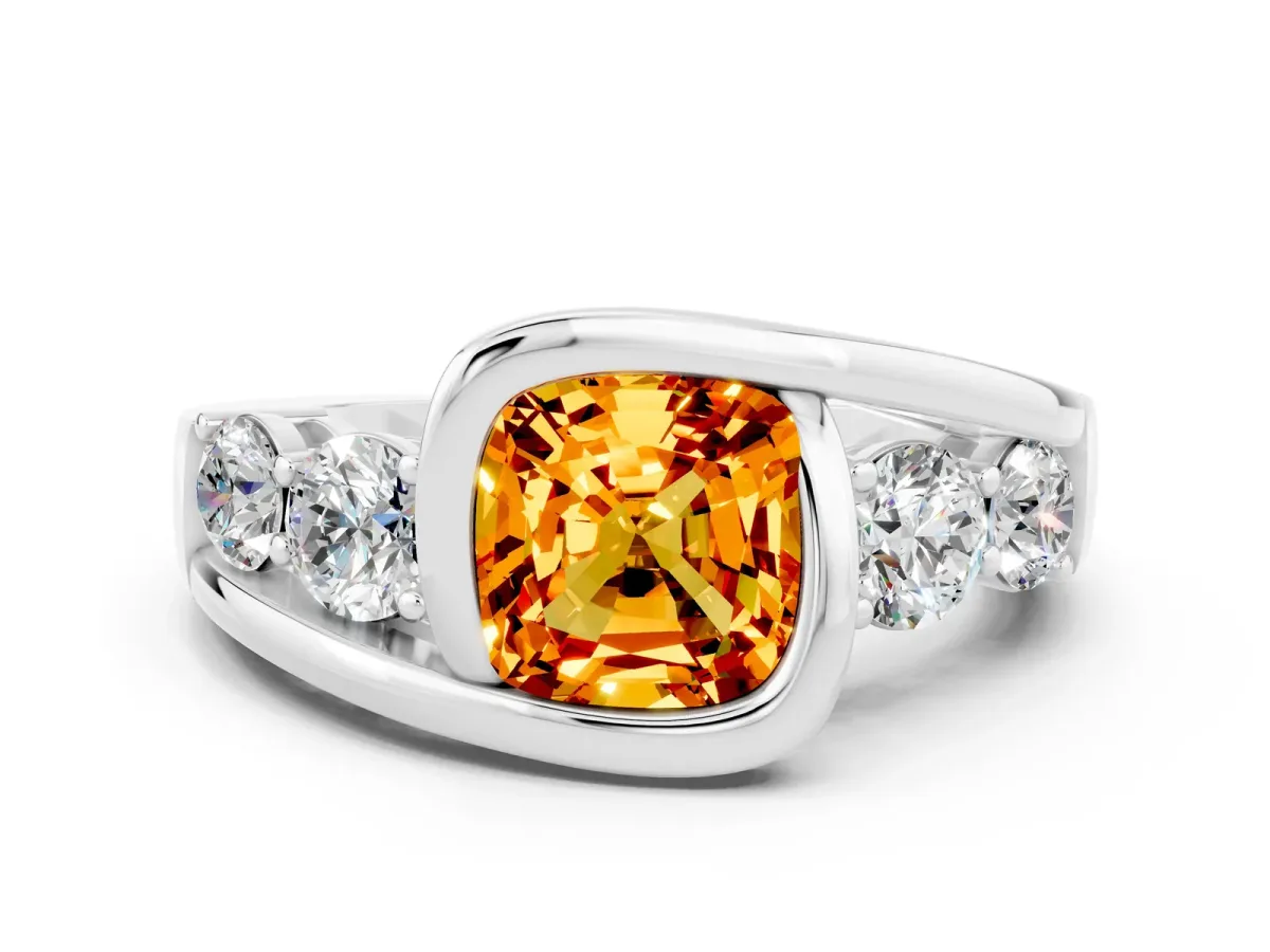 Bezel Set Cushion Cut Citrine Bypass Ring with Round Accents Silver