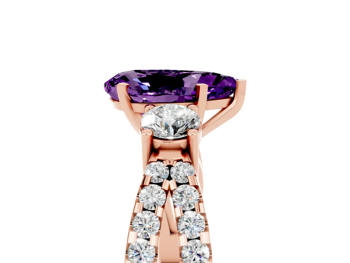 Pear Cut Amethyst Three-Stone Ring with Pavé Split Shank and Four-Prong Setting Rose gold