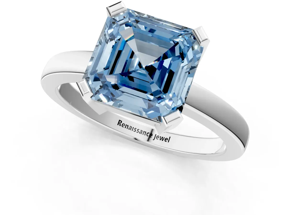 Fancy Blue Asscher Cut Cut Solitaire Ring with Four-Prong Setting and Classic Band Platinum