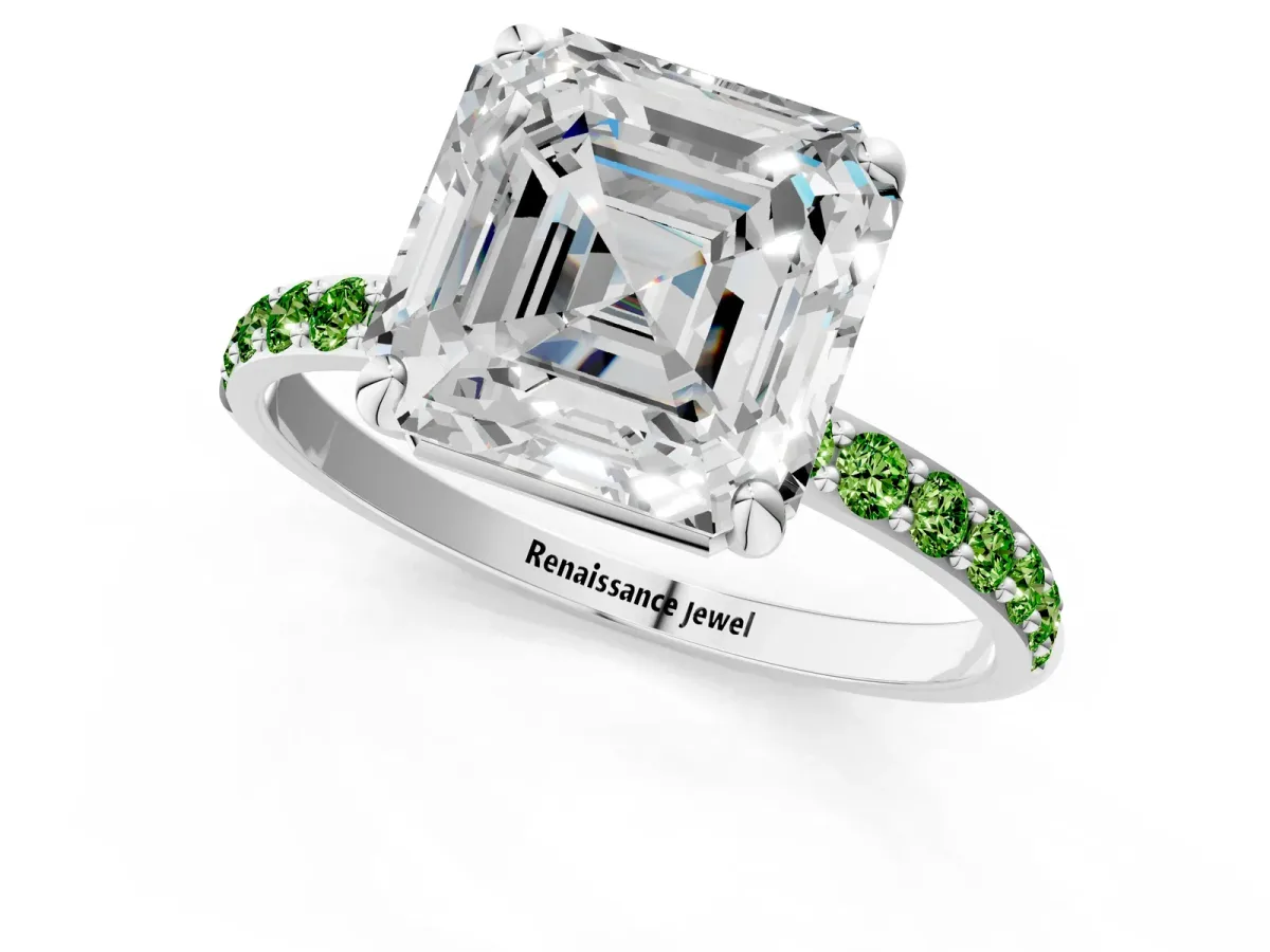 Asscher Cut Diamond Solitaire Ring with Round Peridot Pavé Band and Prong Setting Silver