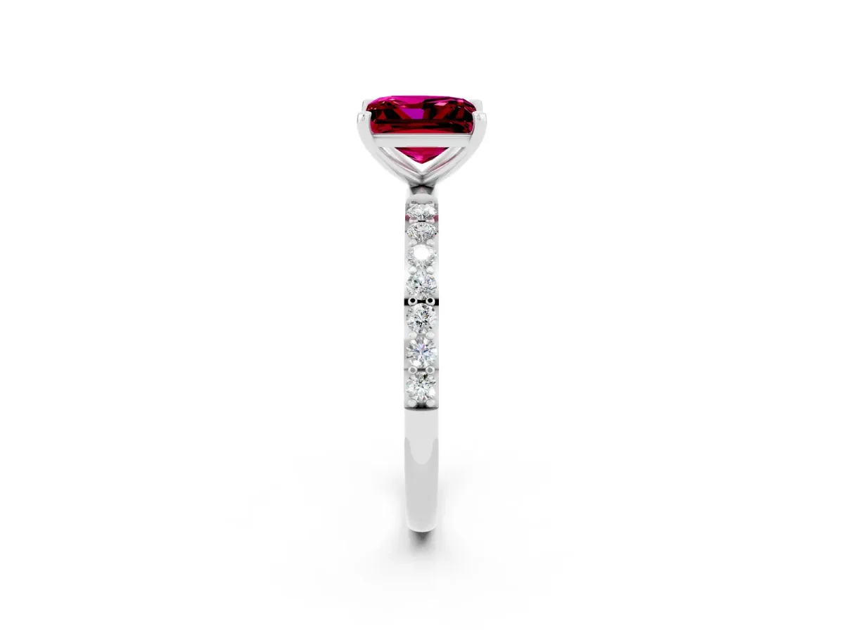 Princess Cut Garnet Solitaire Ring with Round Pavé Band and Prong Setting Silver