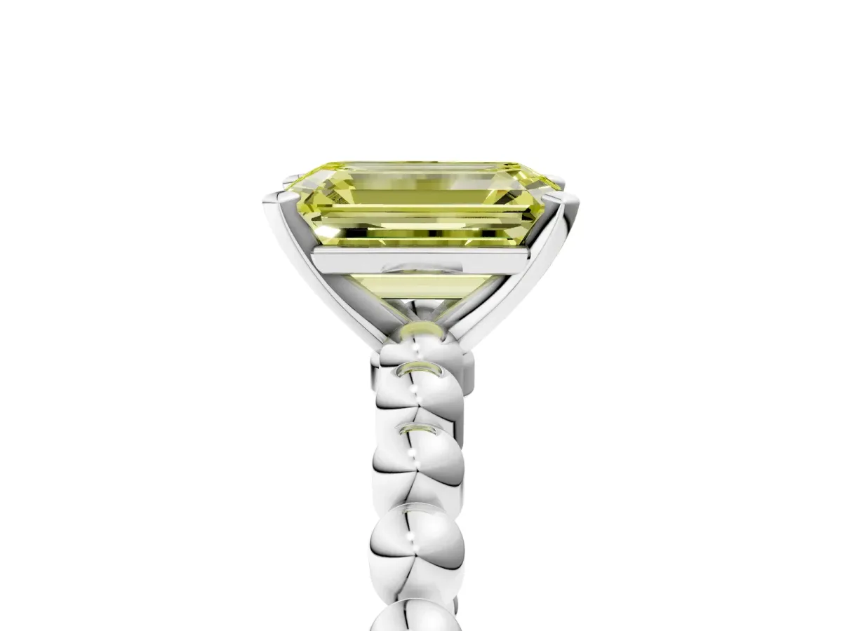 Fancy Yellow Emerald Cut Diamond Solitaire Ring with Beaded Band and Prong Setting White gold