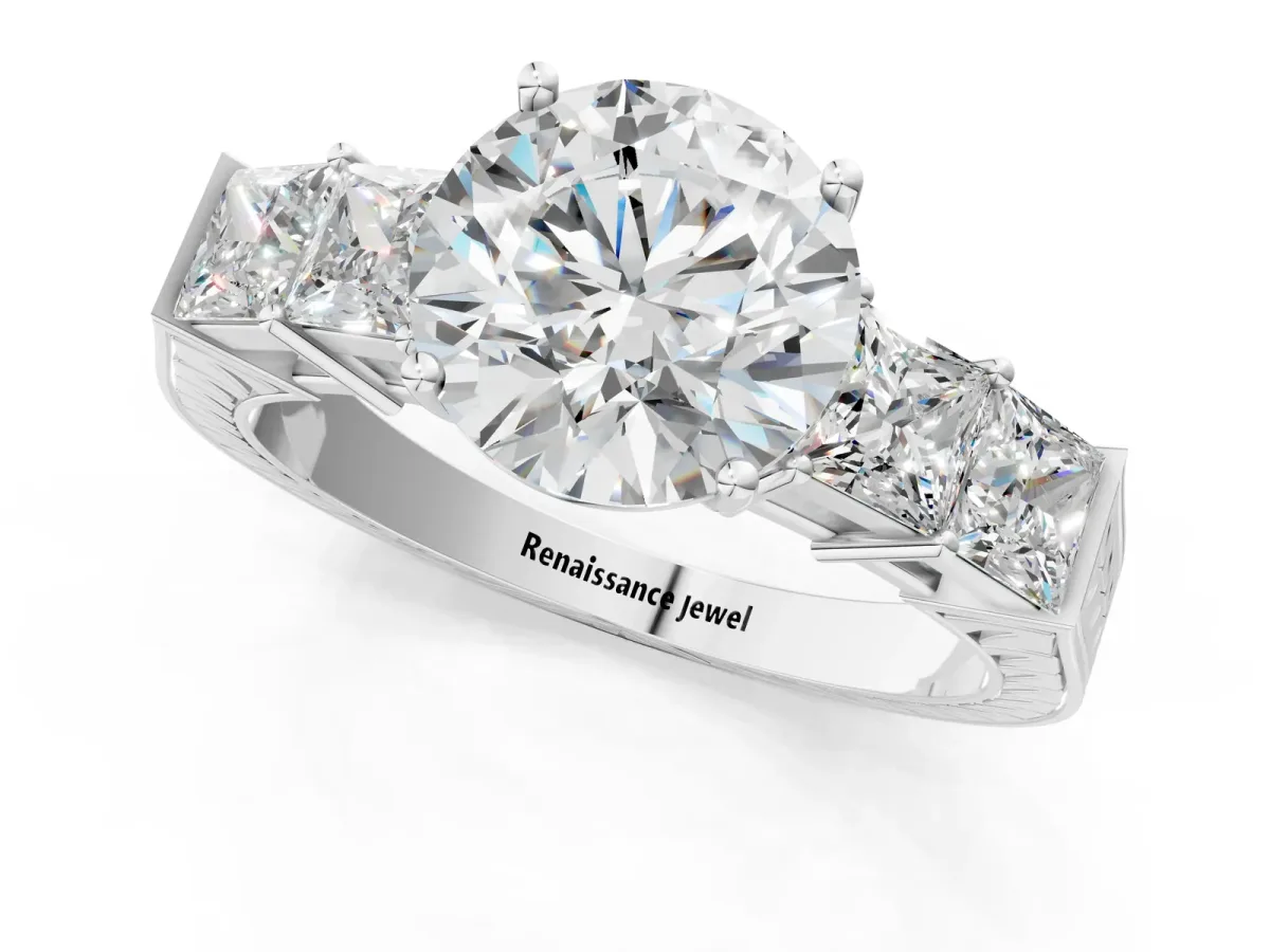 Round Cut Solitaire Princess Side Stone Engraved Band Prong Setting Ring White gold