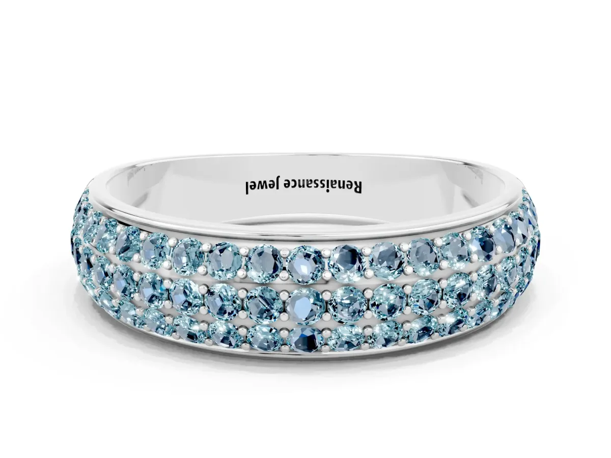 Three-Row Round Aquamarine Eternity Band with Shared Prong Setting Silver