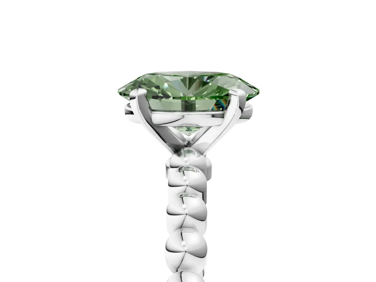 Fancy Green Oval Cut Diamond Solitaire Ring with Beaded Band and Prong Setting Silver