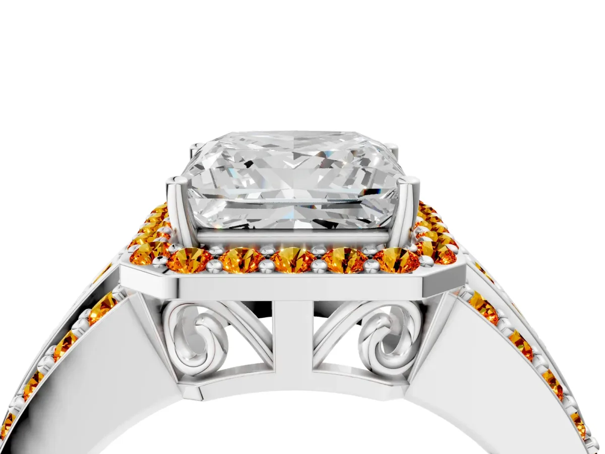 Princess Cut Halo Diamond Ring with Round Citrine Split Shank and Prong Setting Platinum