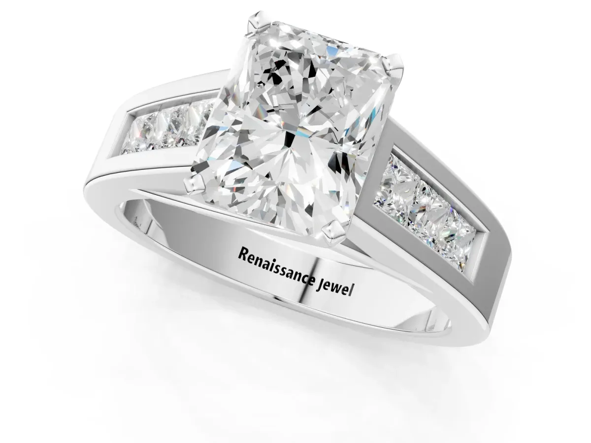 Radiant Cut Cut Channel Set Solitaire Ring with Four-Prong Setting Silver