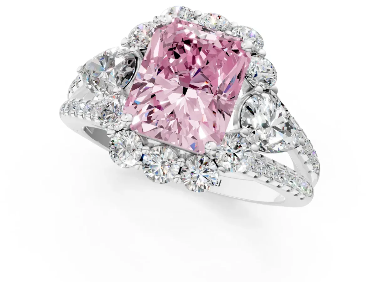 Fancy Pink Radiant Cut Halo Split Shank Diamond Engagement Ring with Prong Setting Platinum