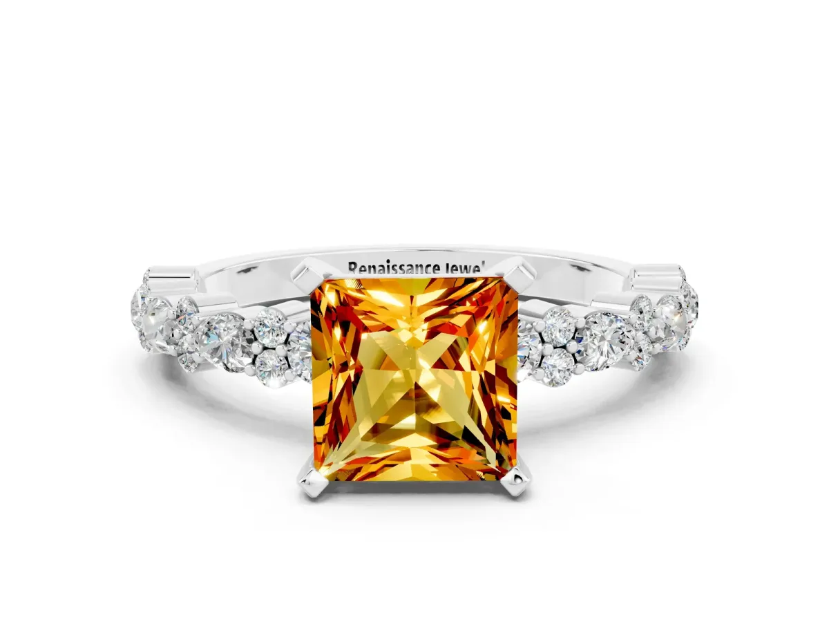 Princess Cut Citrine Side Stone Solitaire Ring with Round and Four-Prong Setting Platinum