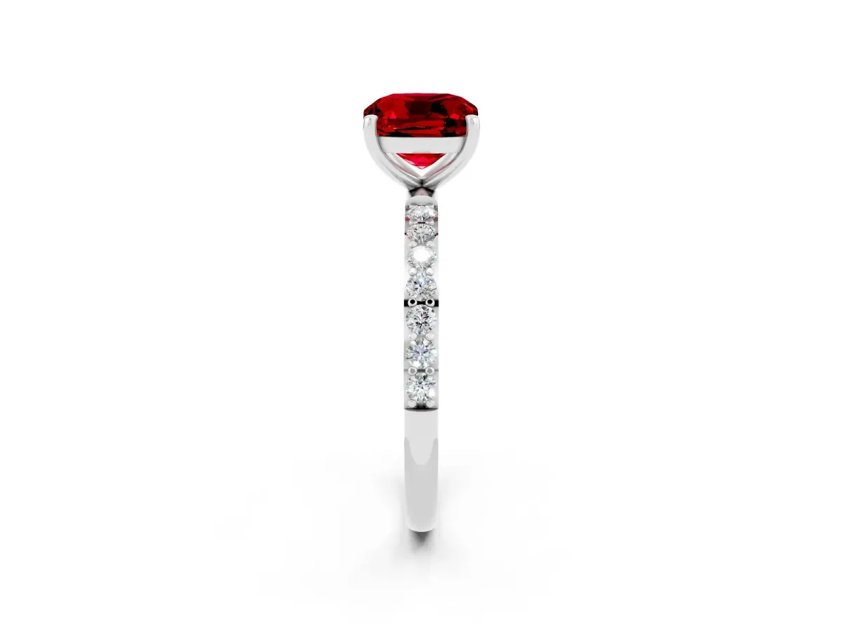 Cushion Cut Ruby Solitaire Ring with Round Pavé Band and Prong Setting Silver