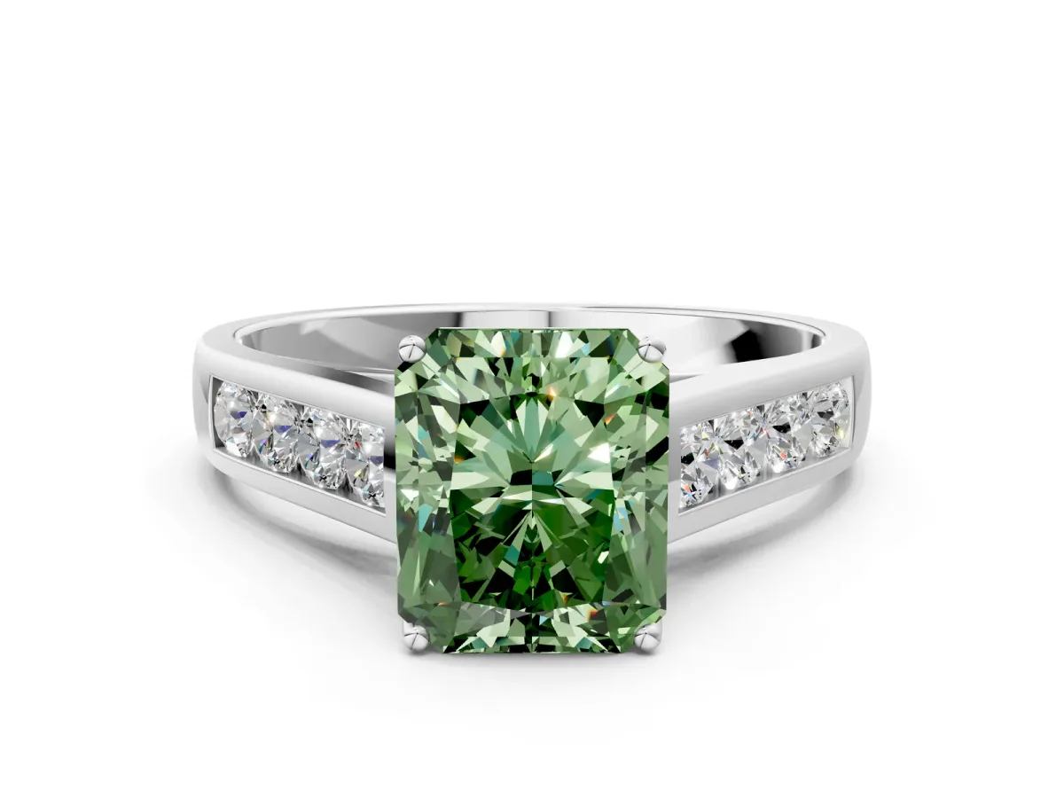 Fancy Green Radiant Cut Brilliant Channel-Set Solitaire Ring with Four-Prong Setting Platinum