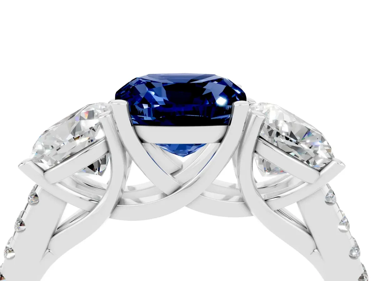 Three-Stone Cushion Cut Blue Sapphire Ring with Round Pavé Band and Prong Setting Silver