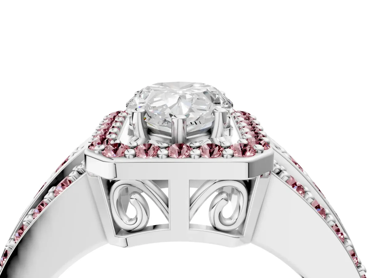 Pear Cut Halo Diamond Ring with Round Morganite Split Shank and Prong Setting Platinum