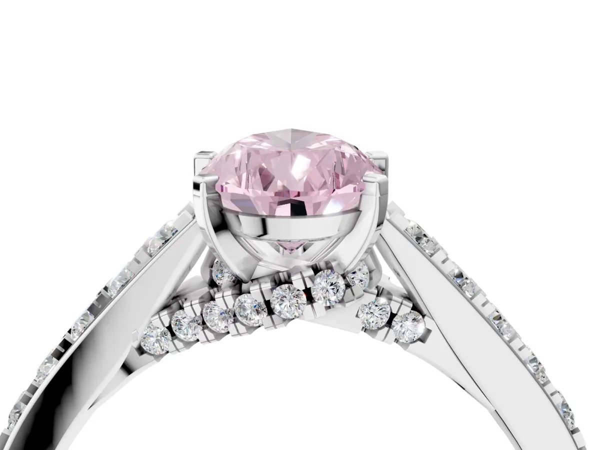 Fancy Pink Pear Cut Diamond Solitaire Ring with Crossover Gallery and Round Pavé Band Silver
