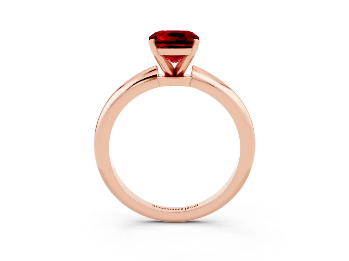 Cushion Cut Ruby Solitaire Ring with Six-Prong Setting and Classic Band Rose gold