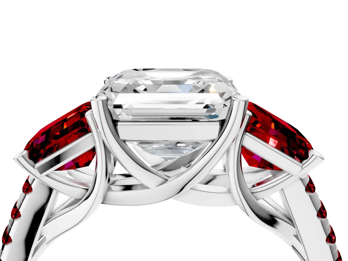 Three-Stone Asscher Cut Diamond Ring with Round Ruby Pavé Band and Prong Setting Platinum