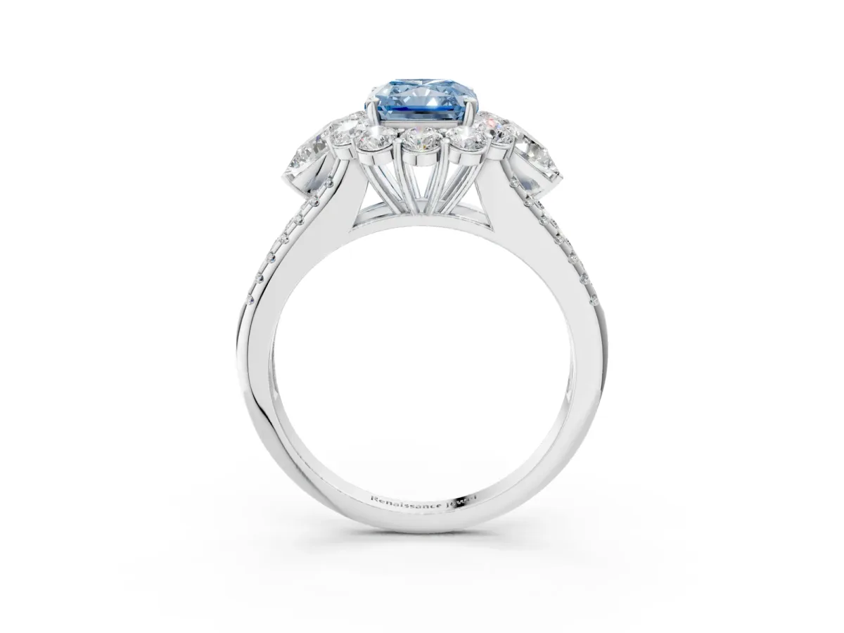 Fancy Blue Radiant Cut Halo Split Shank Diamond Engagement Ring with Prong Setting Platinum