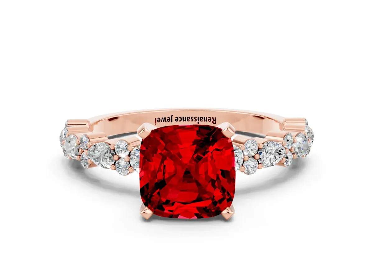 Cushion Cut Ruby Side Stone Solitaire Ring with Round and Four-Prong Setting Rose gold