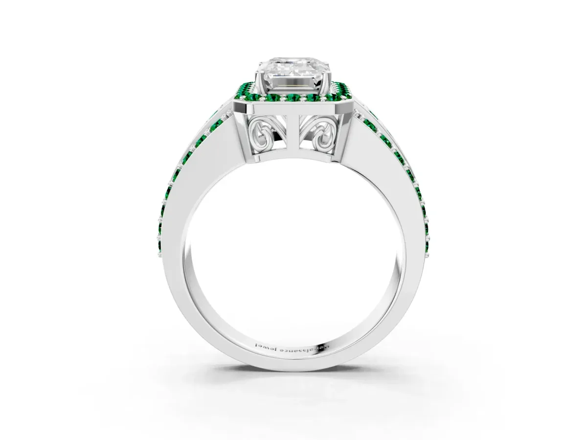 Emerald Cut Halo Diamond Ring with Round Emerald Split Shank and Prong Setting White gold