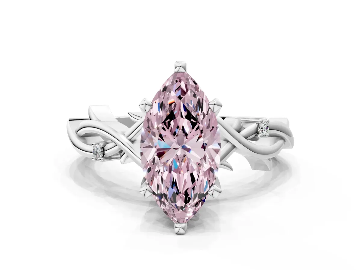 Fancy Pink Marquise Cut Diamond Solitaire Ring with Twisted Band and Prong Setting Silver