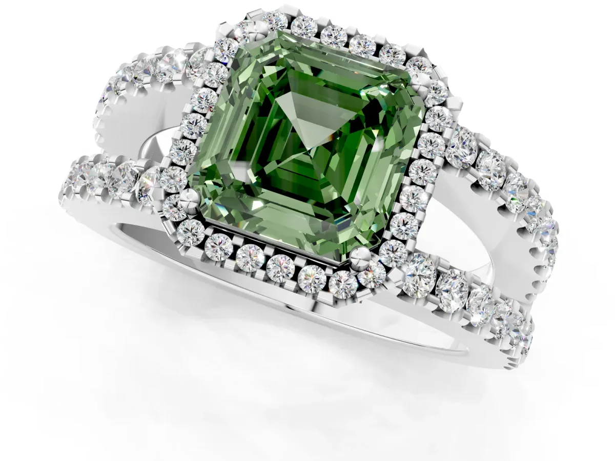 Fancy Green Asscher Cut Cut Halo Split Shank Diamond Ring with Four-Prong Setting Platinum