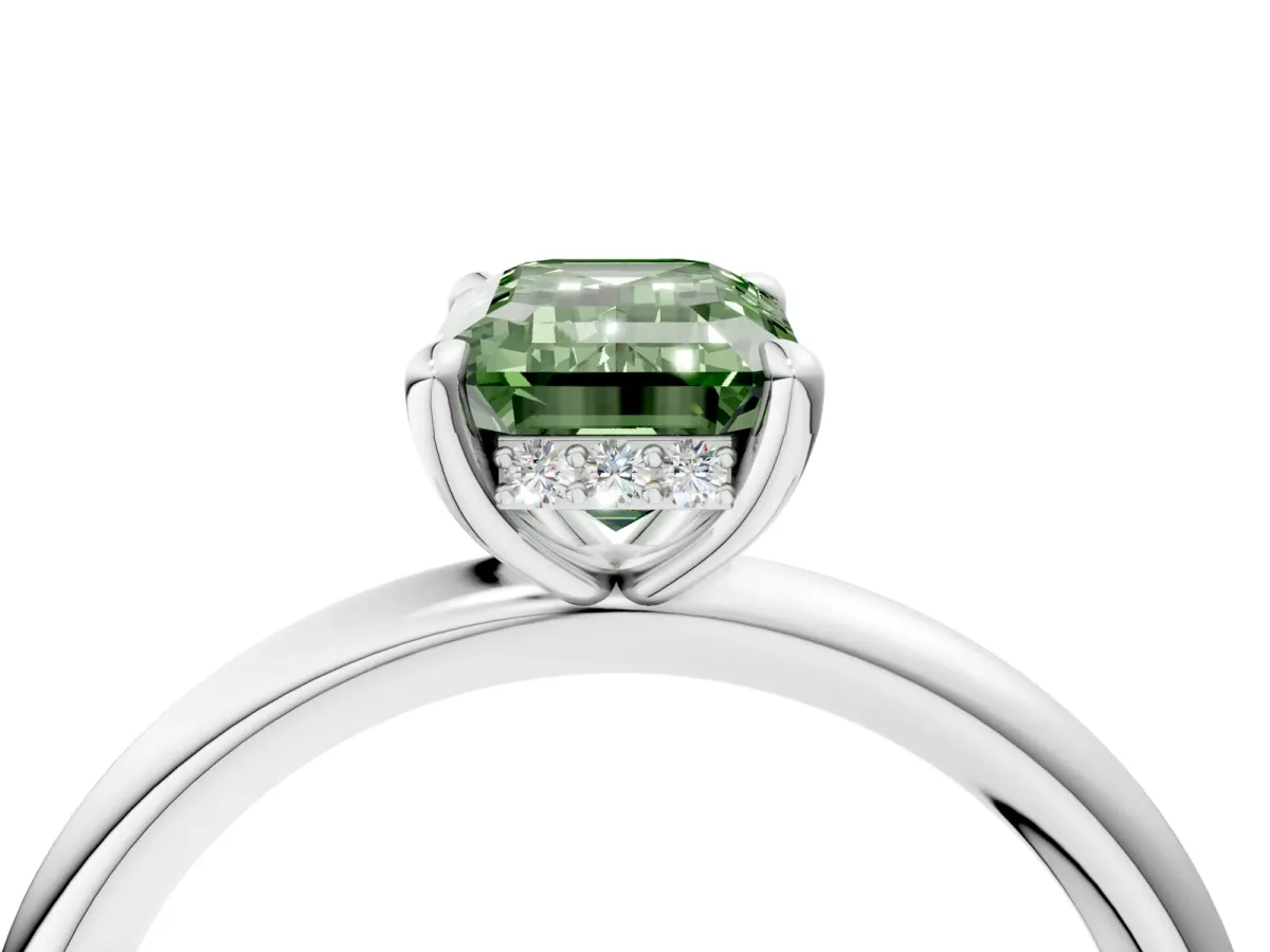 Fancy Green Emerald Cut Diamond Solitaire Ring with Thin Band and Four-Prong Setting White gold