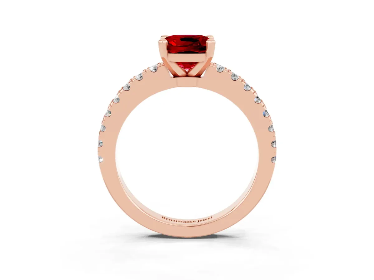 Cushion Cut Solitaire Ruby with Pavé Band and Four-Prong Setting Rose gold