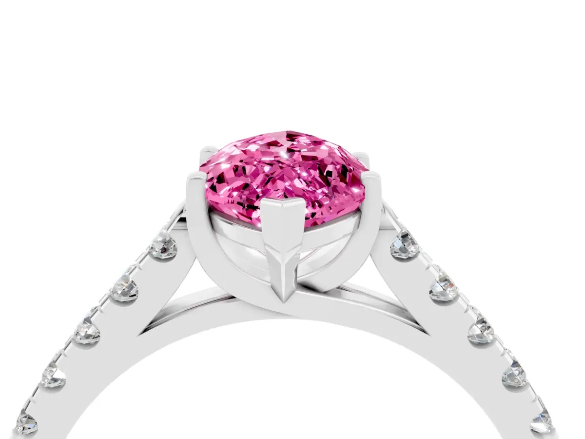 Marquise Cut Pink Sapphire Pavé Band Solitaire Ring with Prong Setting Silver