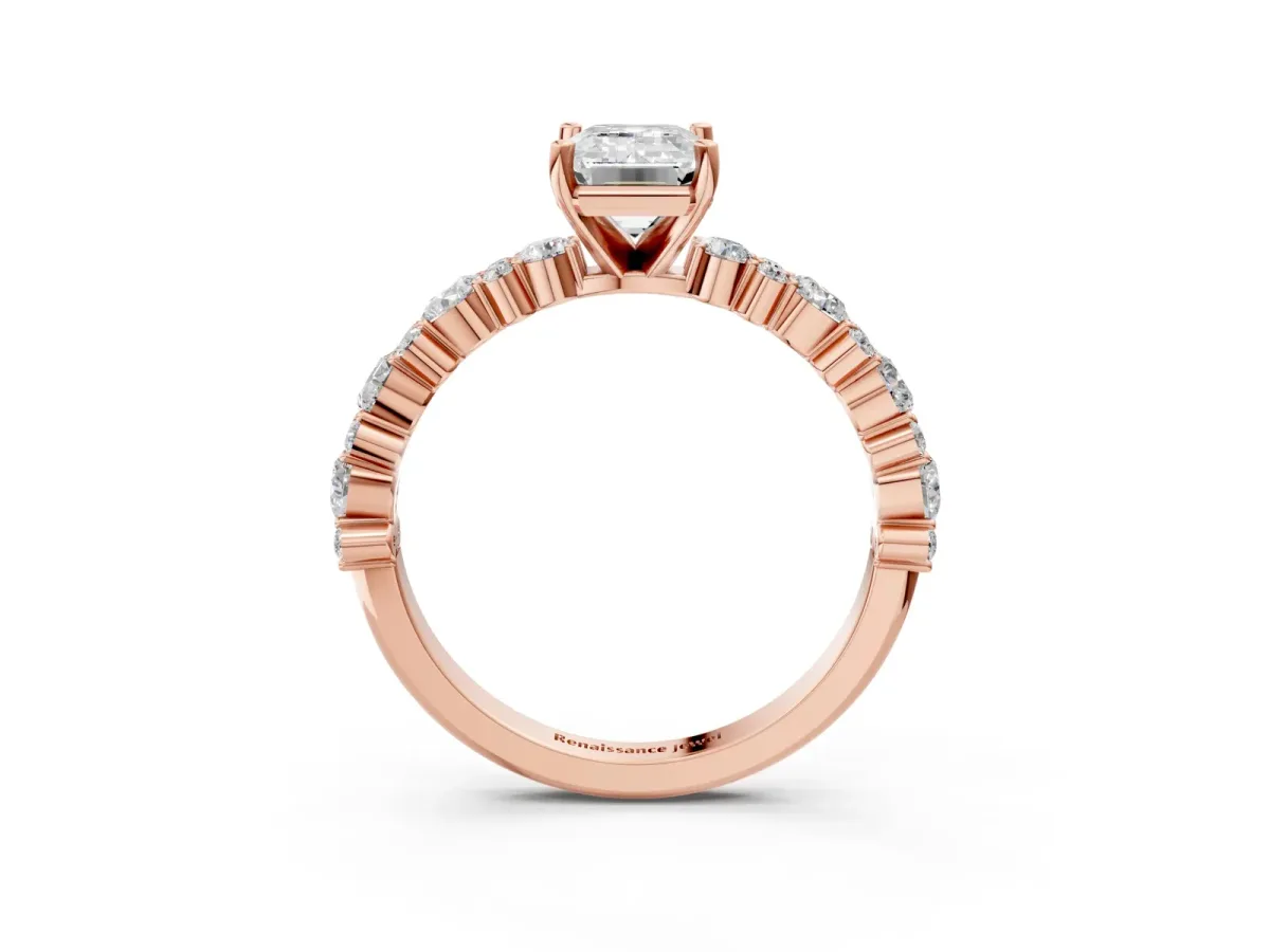 Emerald Cut Diamond Side Stone Solitaire Ring with Round and Four-Prong Setting Rose gold