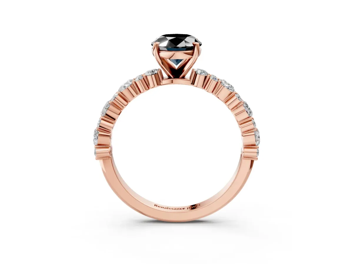 Fancy Black Oval Cut Diamond Side Stone Solitaire Ring with Round and Four-Prong Setting Rose gold