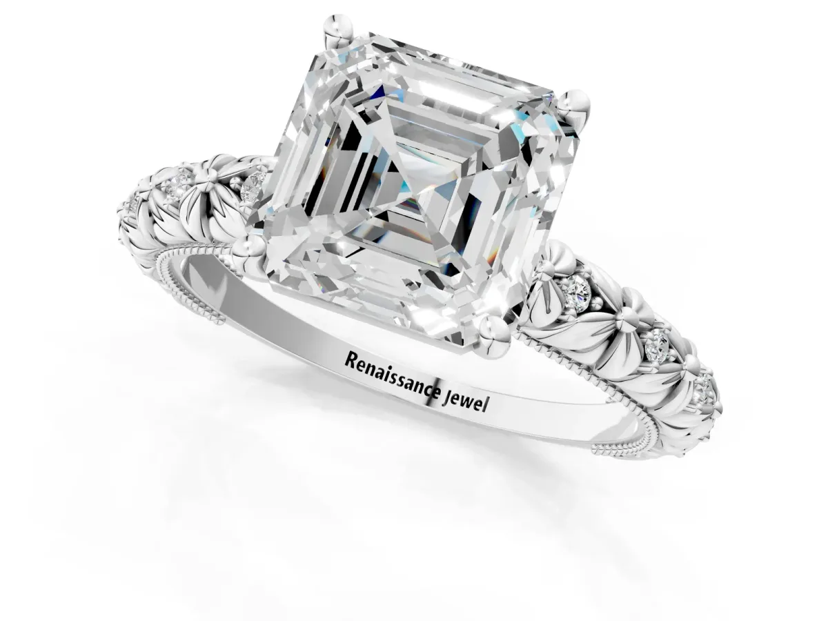 Asscher Cut Solitaire Floral Milgrain Engagement Ring Platinum
