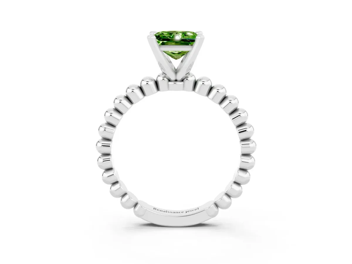 Princess Cut Peridot Solitaire Ring with Beaded Band and Prong Setting White gold