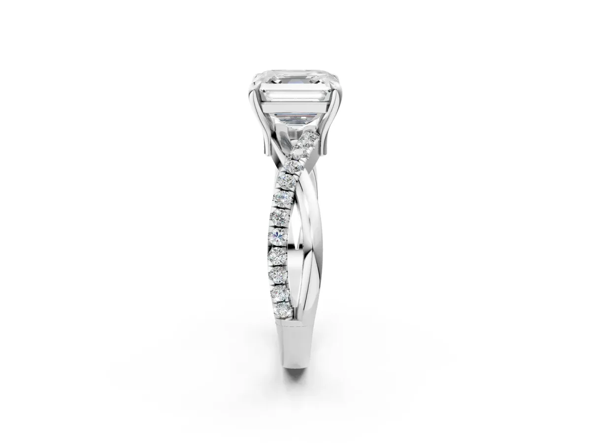 Asscher Cut Cut Twist Band Solitaire Diamond Ring with Pavé Setting Platinum