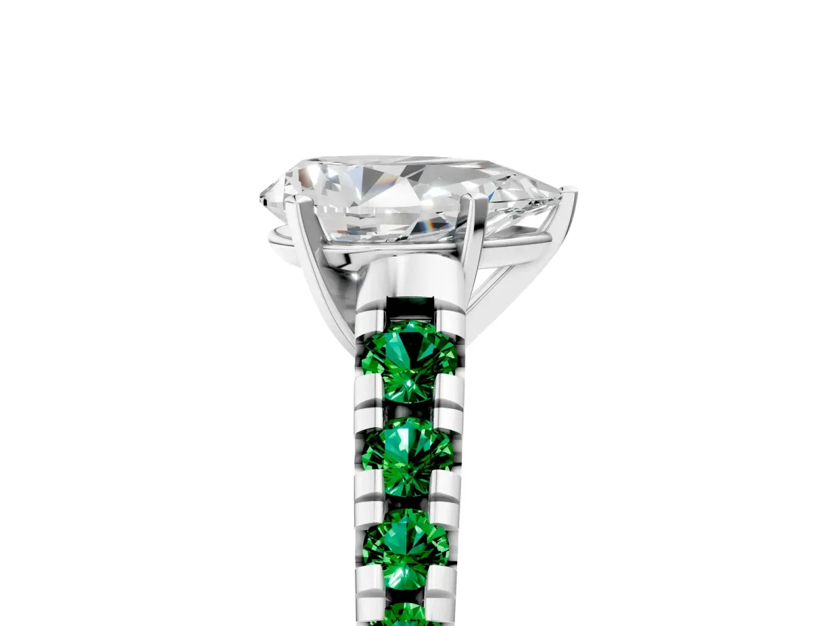 Pear Cut Diamond Cathedral Solitaire Ring with Round Emerald Pavé Band White gold