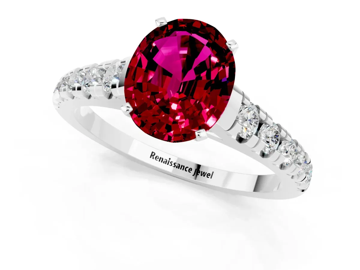 Oval Cut Garnet Cathedral Solitaire Ring with Round Pavé Band White gold