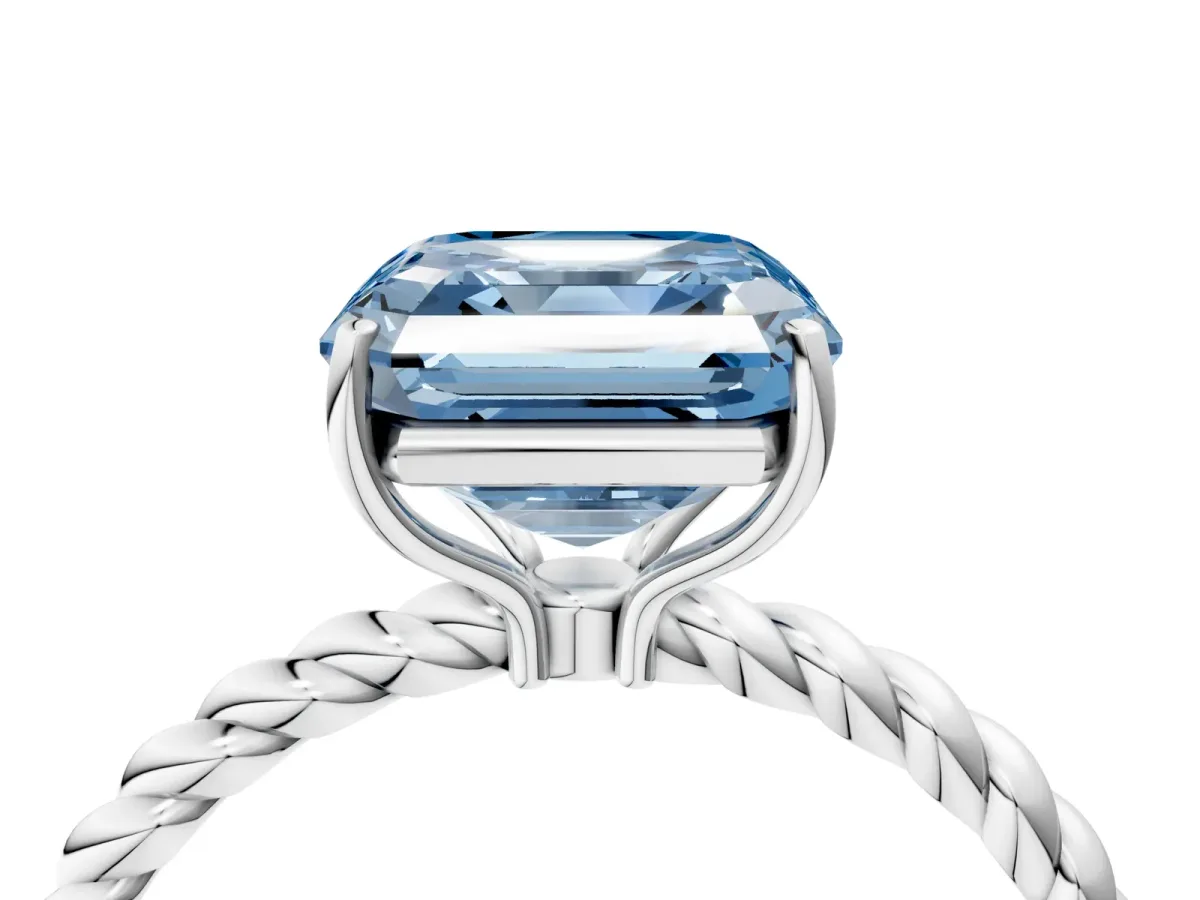 Fancy Blue Asscher Cut Solitaire Twisted Band 4-Prong Ring Platinum